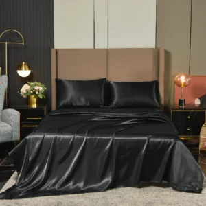 Black Satin Bedding with Beige Headboard Décor